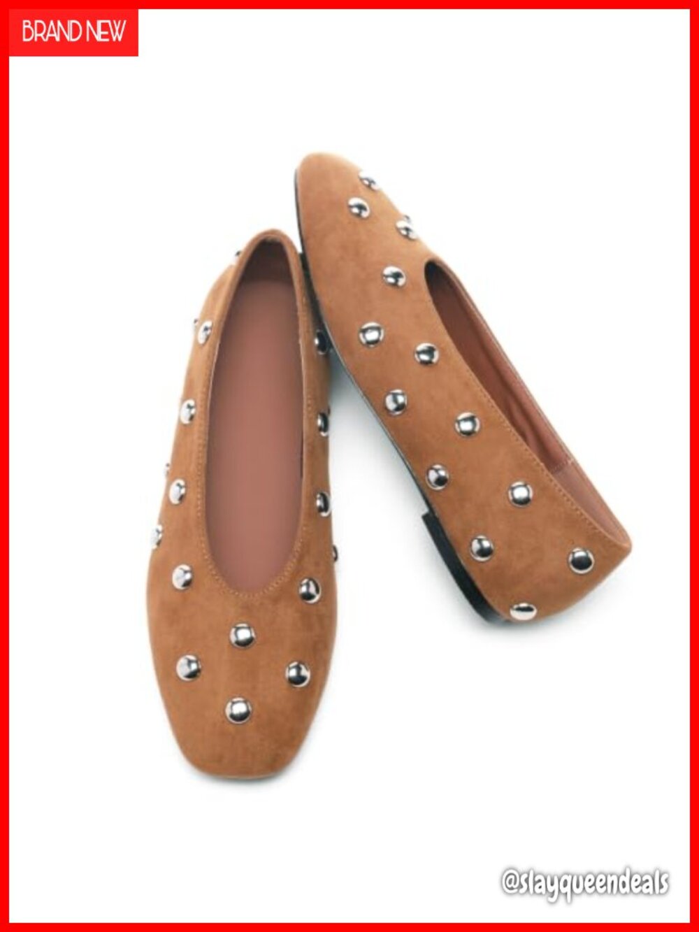 Studded Flats for Women Square Toe Slip On Faux Suede Ballet Flats